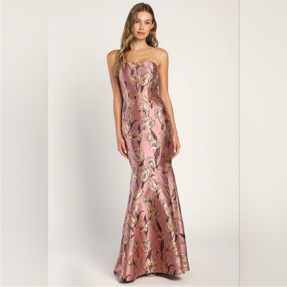 NWT Lulus Gowning Around Mauve Floral Jacquard Strapless Maxi Dress XS Gown - Picture 4 of 16